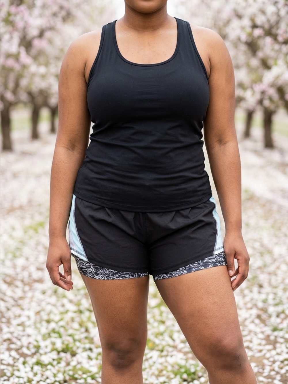 Women’s Black Athletic Running Shorts with Light Blue and White Trim.